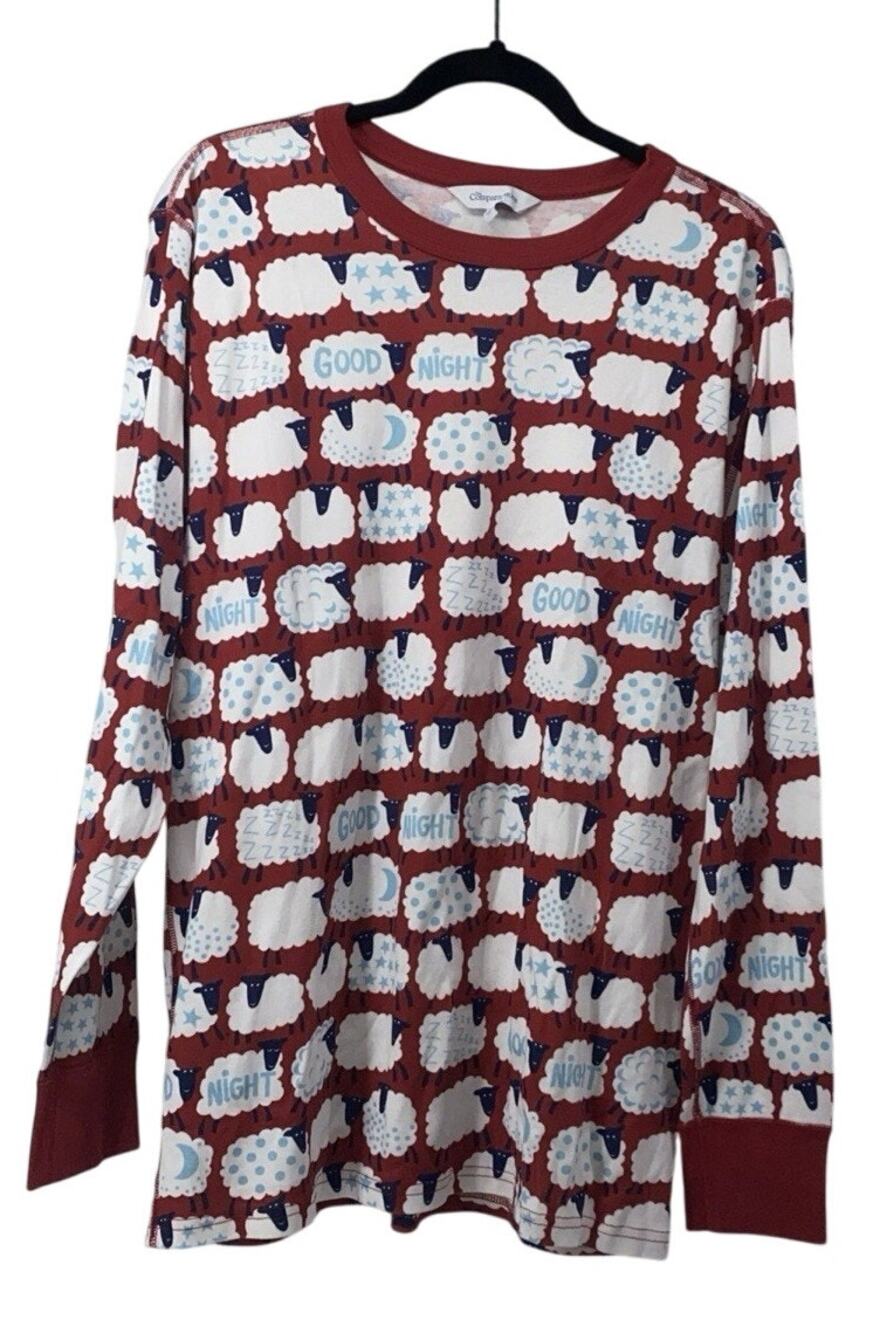 The Company Store Mens Large Sheep Print Organic Cotton Pajama Top Only Red